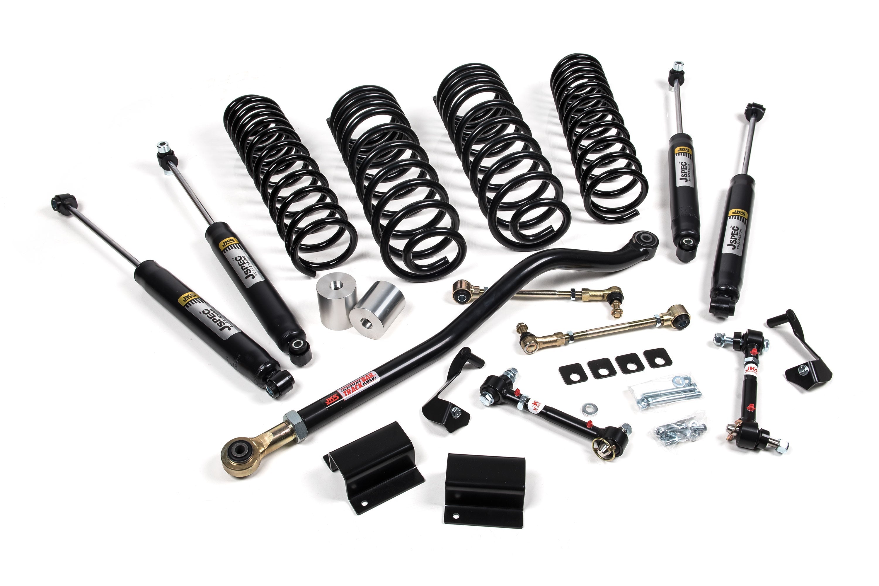 A JKS 3.5 Inch Jeep Gladiator JT (20-ON) J-Venture Lift Kit for a jeep with adjustable trackbar and coil springs.