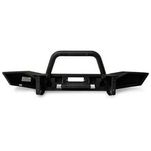 Load image into Gallery viewer, A black Front Deluxe Bull Bar Winch Mount Bumper for a jeep, featuring an ARB, ARB 3450210, and installation hardware.