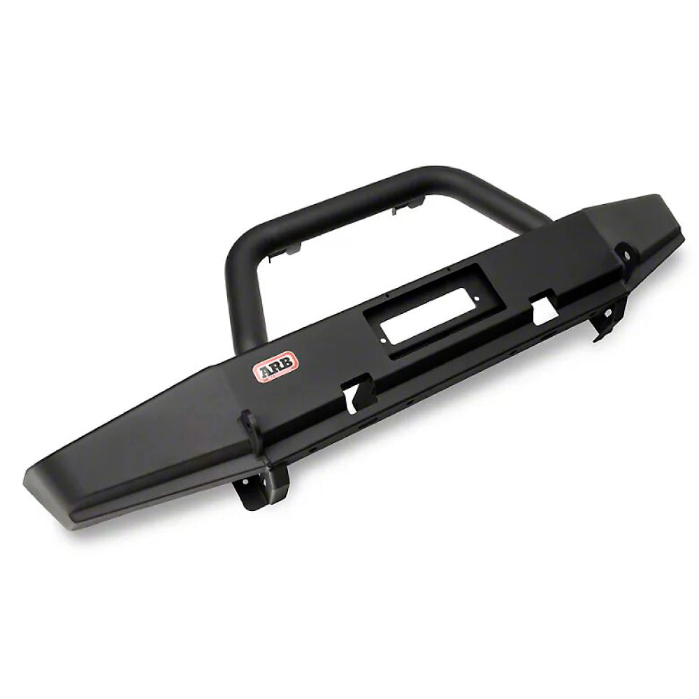 An ARB Front Deluxe Bull Bar Winch Mount Bumper For Jeep Wrangler JK 2007-2018, including installation hardware.