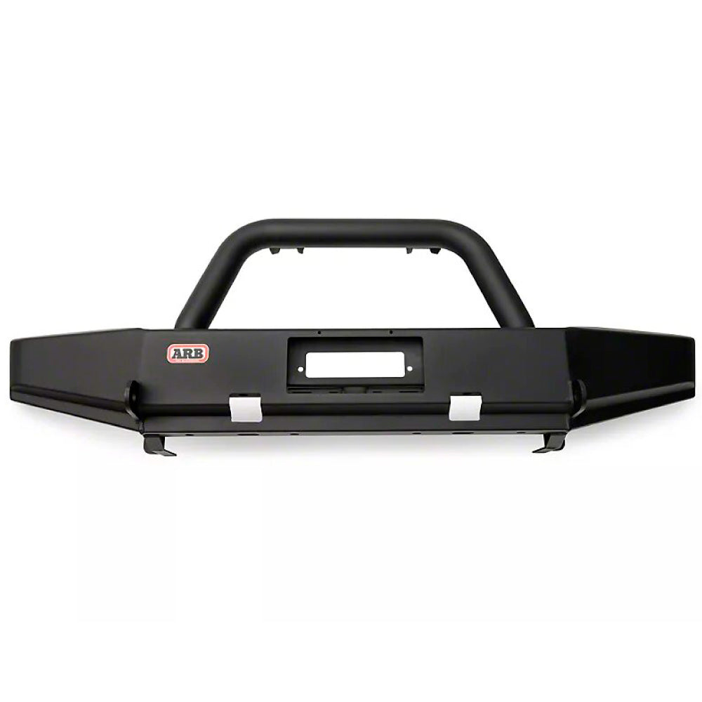 A black ARB Front Deluxe Bull Bar Winch Mount Bumper for a Jeep Wrangler JK 2007-2018, including installation hardware.