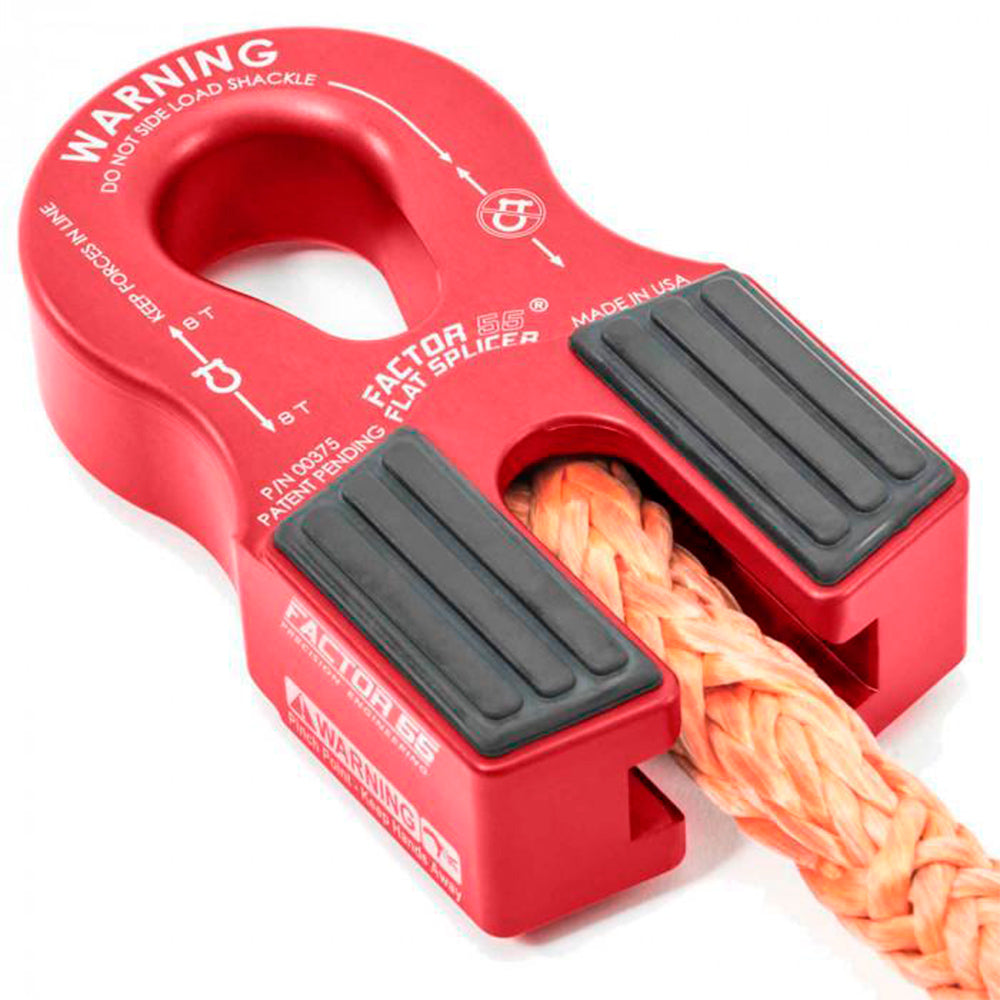 A Factor 55 Flat Splicer 3/8-1/2' in Red 00375-01 synthetic winch rope with UV protection.