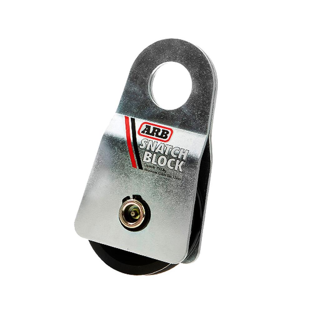 A black metal ARB Snatch Block 7000 - 30,000lb Breaking Strength ARB2091A with a hook attached to it, suitable for roof racks and capable of high carrying capacity while minimizing wind noise.