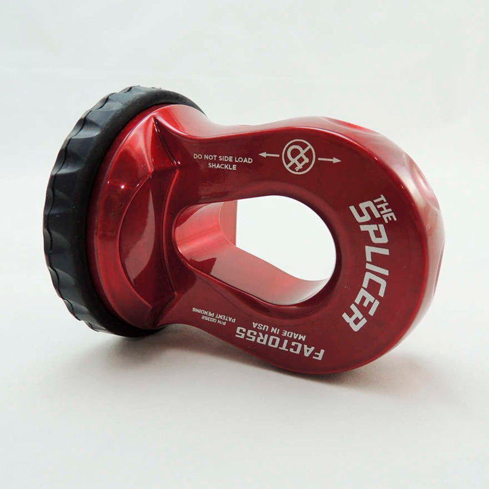 A Factor 55 Splicer Shackle Mount Thimble in Red 00352-01 with a red and black handle on a white surface.