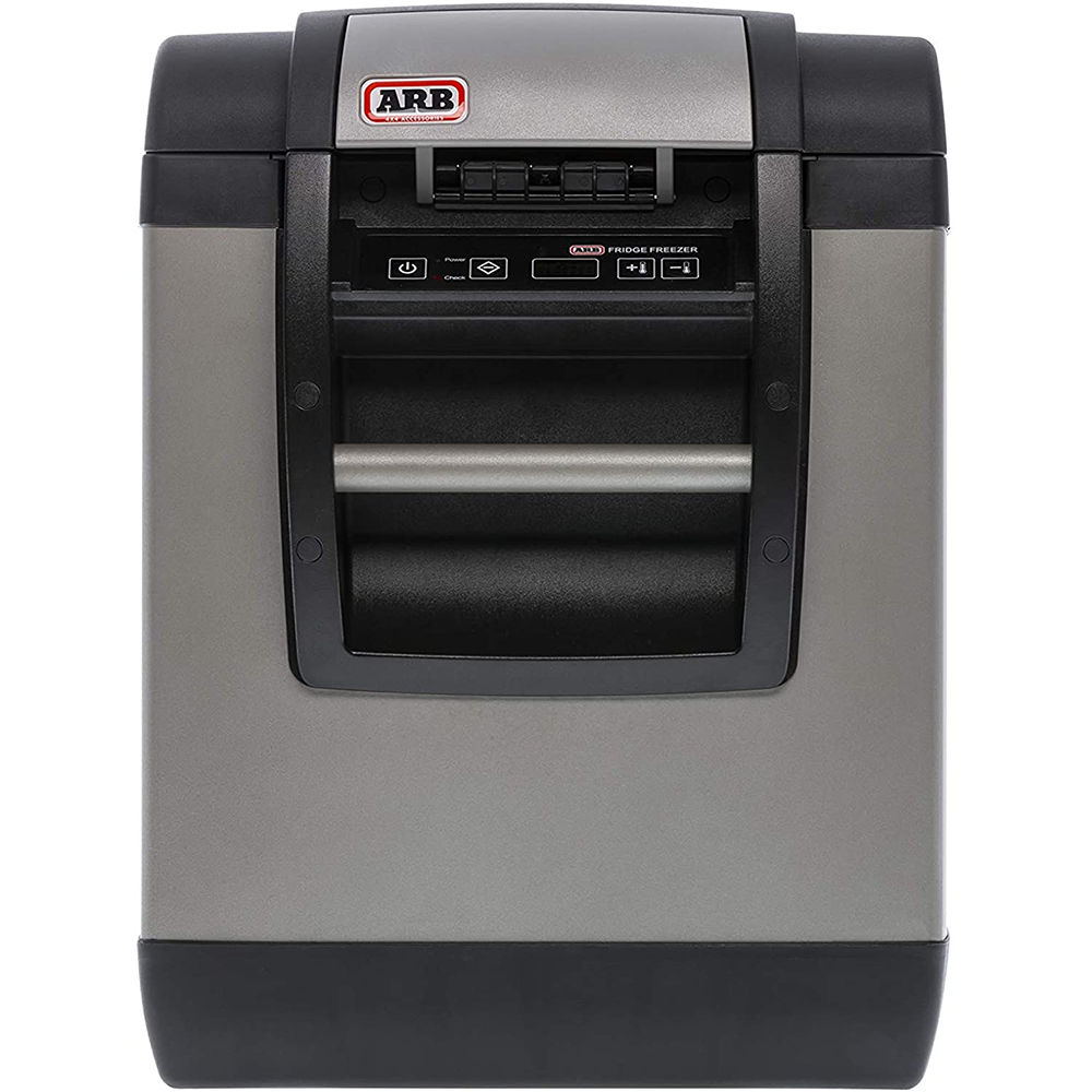 An ARB Classic Series II 37 Quarts Portable Fridge Freezer Electric Powered 12V/110V 10801352 with a metal color on a white background.