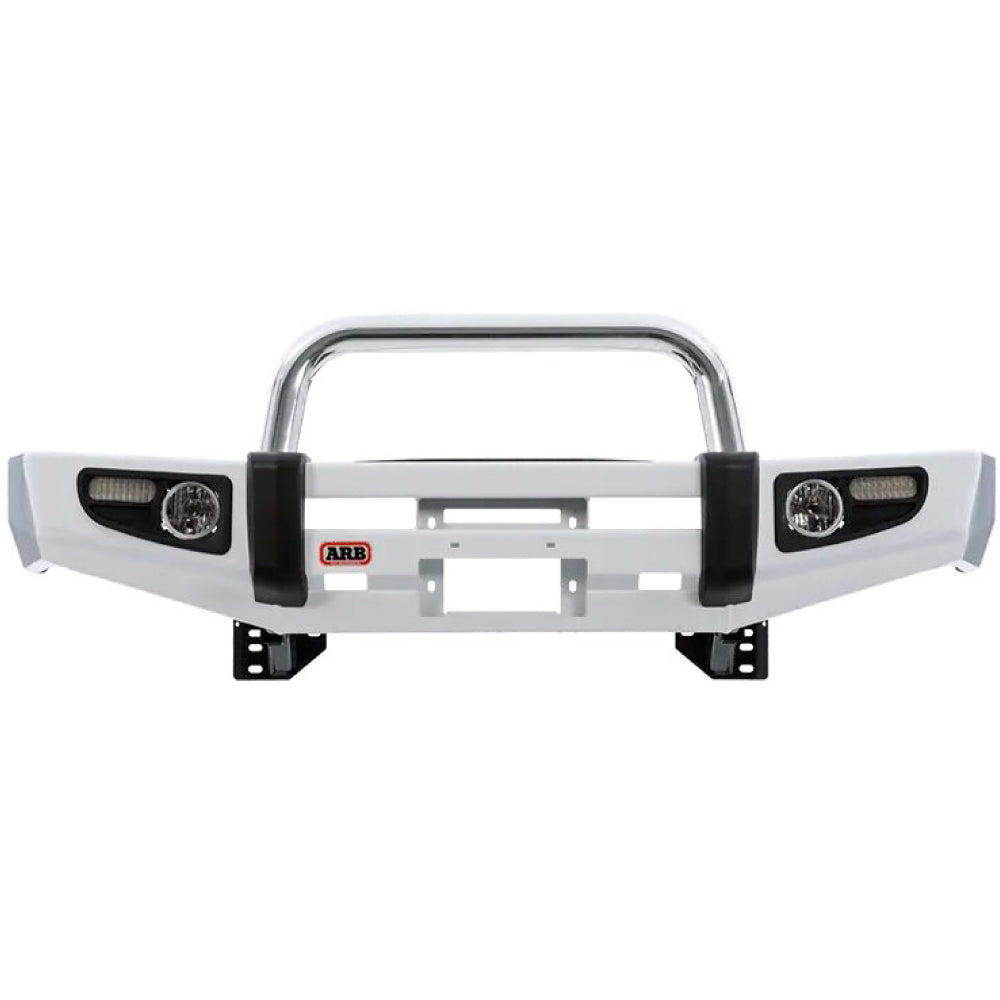A white bumper for a Jeep Wrangler, perfect for SEO optimization and product description. Enhance your jeep's style and functionality with this premium Front Bumper Sahara Bar For Toyota Land Cruiser 200 series 2007-2012 ARB 3915050 by ARB.