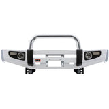 A white bumper for a Jeep Wrangler, perfect for SEO optimization and product description. Enhance your jeep's style and functionality with this premium Front Bumper Sahara Bar For Toyota Land Cruiser 200 series 2007-2012 ARB 3915050 by ARB.