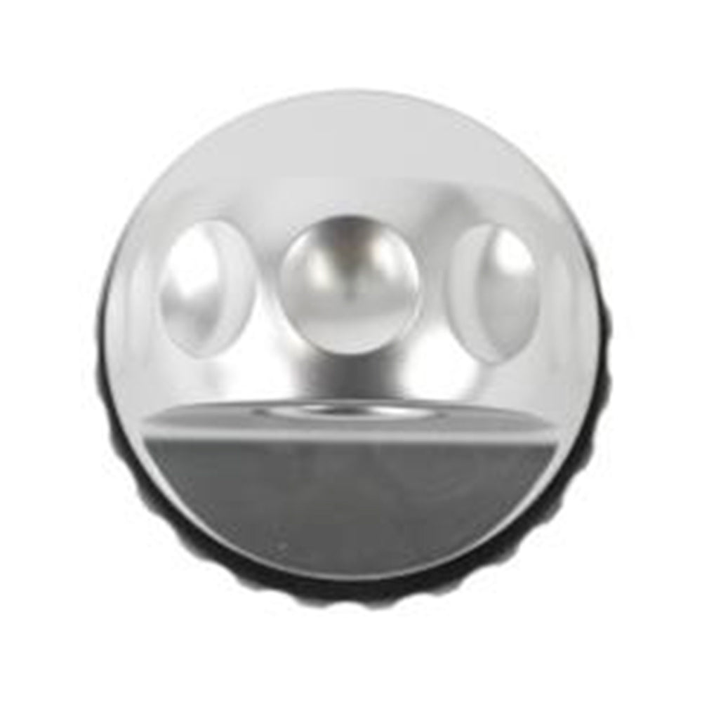 A Factor 55 Shackle Mount in Silver 00015-05 with a circle in the middle.