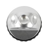 A Factor 55 Shackle Mount in Silver 00015-05 with a circle in the middle.