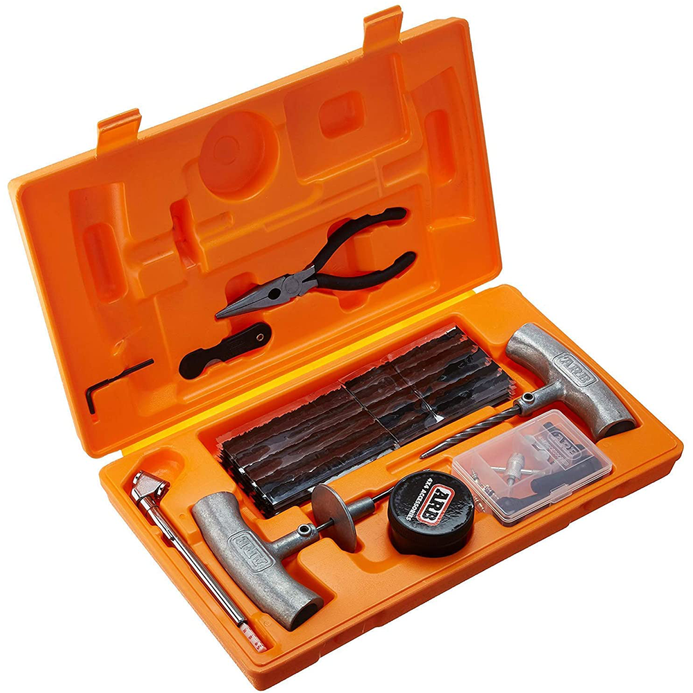 An ARB Speedy Seal Tire Repair Kit Series II 10000011 tool kit case with a variety of tools and tire repair equipment inside.