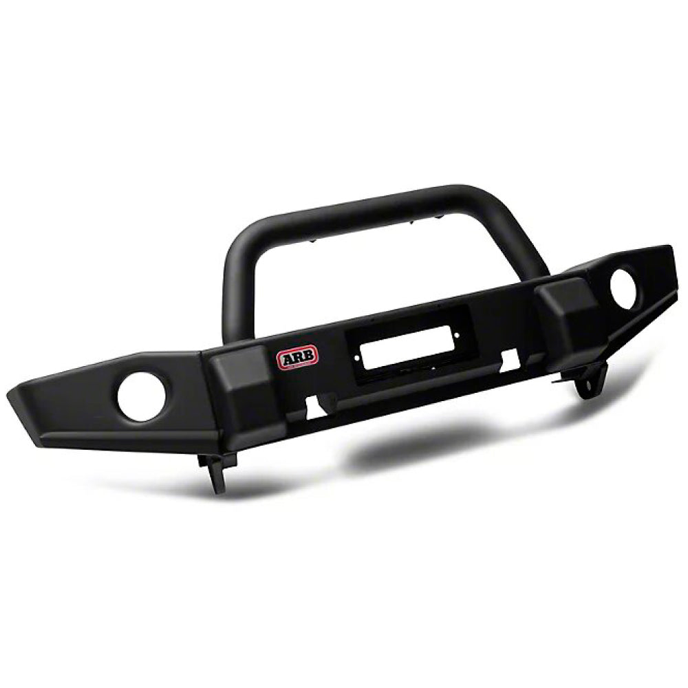 A black off-road bumper with front winch capability for a Jeep Wrangler: The Classic Deluxe Front Bumper For Jeep Wrangler JL 2018-2021, Gladiator 2020-2021 ARB 3450440 by ARB.