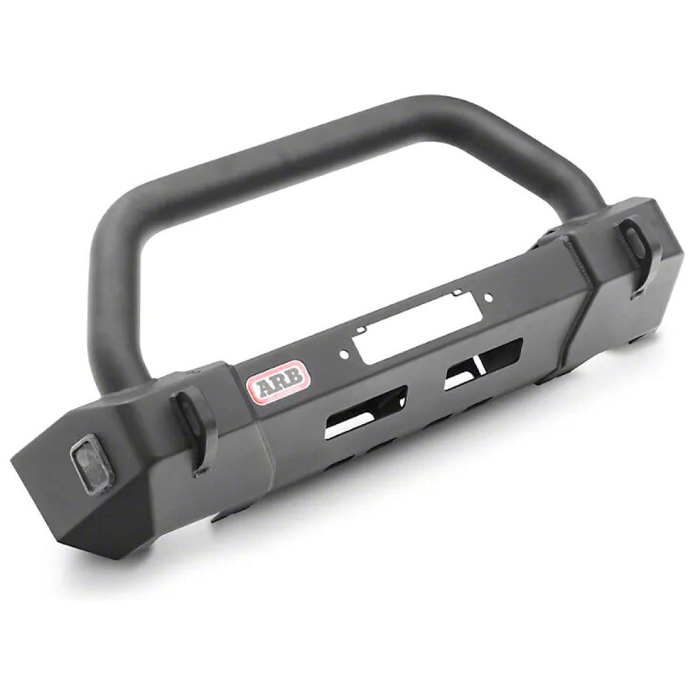 A black Classic Stubby Front Bumper for a Jeep Wrangler with D-Ring Mounts from ARB.
