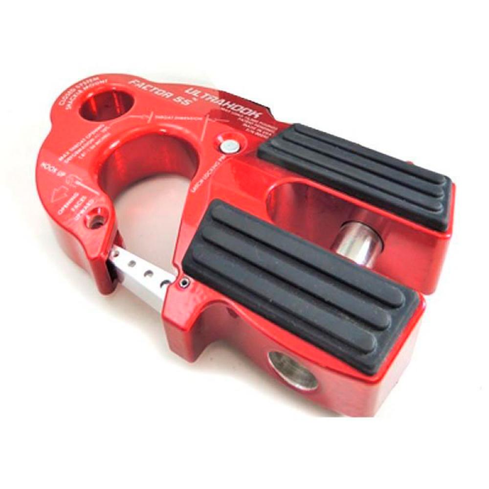 A Factor 55 UltraHook Winch Shackle Aluminum in Red 00250-01 bike lock with a black handle, boasting ultimate strength.