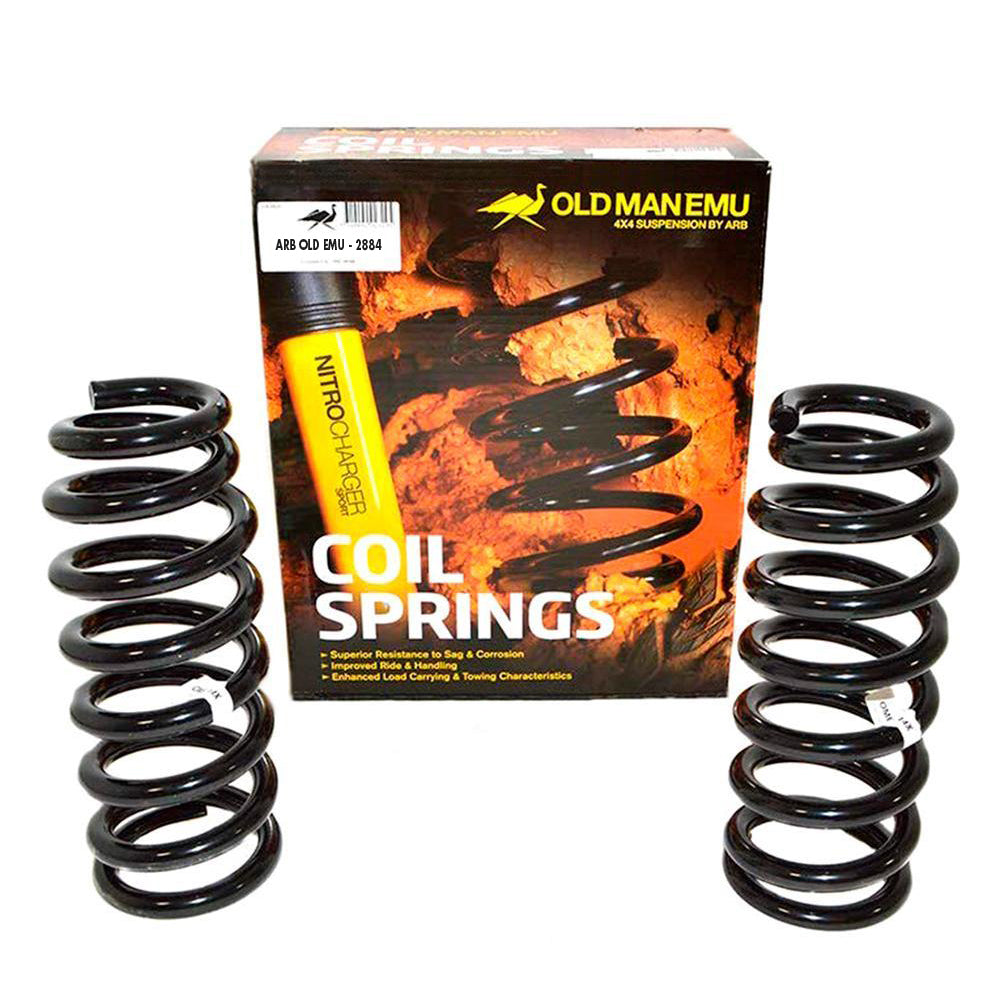 This box contains a pair of ARB Old Man Emu Front Coil Springs 2884 for Toyota Prado 150 and 120 Series, 4Runner, FJ Cruiser, Hilux, providing easy installation and featuring oxidation protection to ensure longevity.