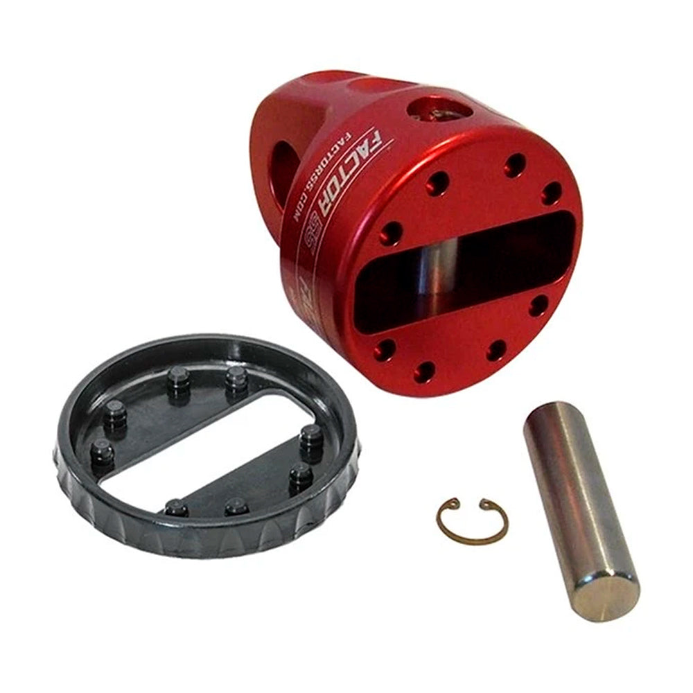 A Factor 55 Shackle Mount in Red 00015-01 with a bolt and nut, suitable for use with screw pin shackles or recovery straps.