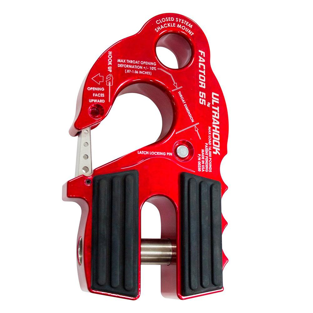 A lightweight Factor 55 UltraHook Winch Shackle Aluminum in Red 00250-01, designed for ultimate strength.