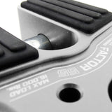 A close up of a Factor 55 FlatLink in Silver 00050-05 with a black knob on it for product description.