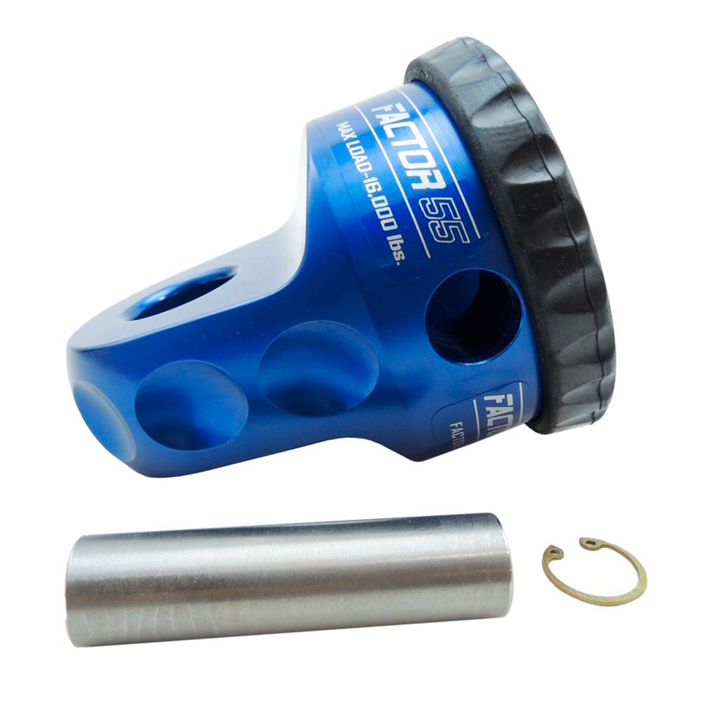 A Factor 55 Shackle Mount in Blue 00015-02, highlighted by the presence of a screw pin shackle and winch hook.