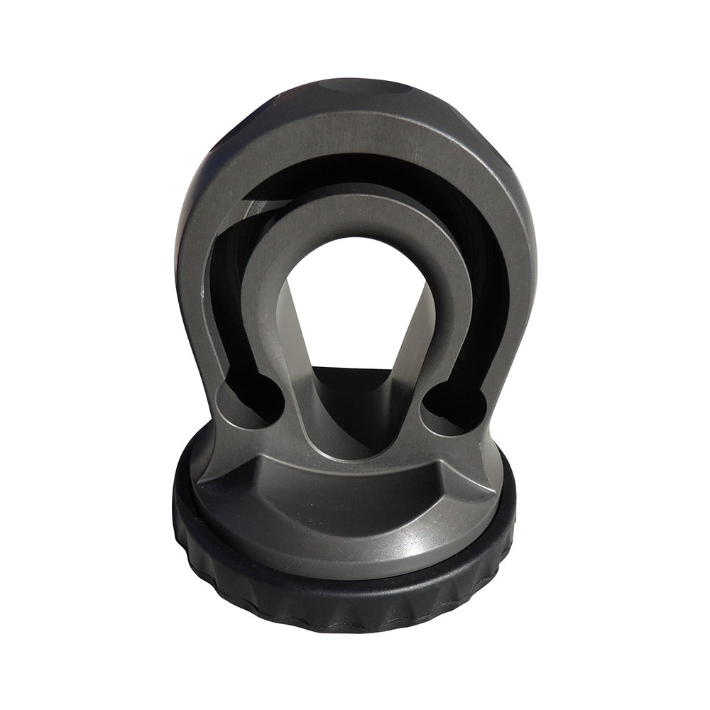 A black plastic holder featuring a Factor 55 Splicer Shackle Mount Thimble in Gray 00352-06 on a white background.