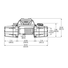Load image into Gallery viewer, A diagram showing the dimensions of a truck with a Factor 55 Warn 89611 ZEON 10-S Winch with Synthetic Rope - 10000 lb. Capacity.
