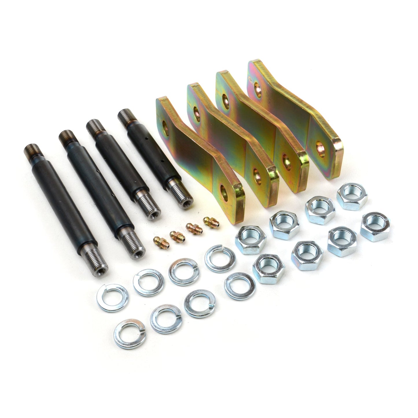 A set of OME Rear Leaf Spring Shackle OMEGS12 for Toyota Tacoma V6 (1998-2004) Old Man Emu shackles and spring bush on a white background by ARB.