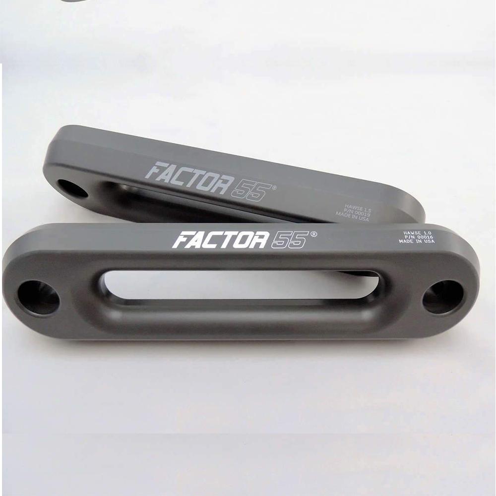 A pair of Factor 55 Hawse Fairlead 1.0" Gunmetal 00016 aluminum brackets, providing easy using capabilities and oxidation protection.