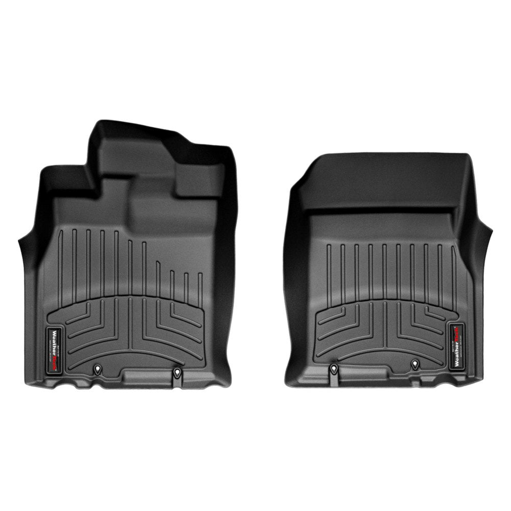 A pair of black Weathertech DigitalFit 1st Row Floor Liners for Toyota FJ Cruiser (2007-2016) for the front and rear of a car, providing excellent floor protection against weather.