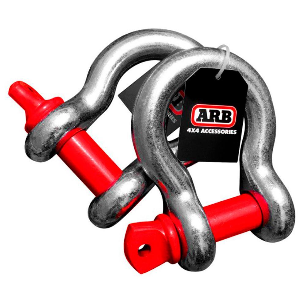 A pair of red ARB Recovery Bow Shackles 16mm 3.25T ARB2012 on a white background.