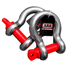 Load image into Gallery viewer, A pair of red ARB Recovery Bow Shackles 16mm 3.25T ARB2012 on a white background.