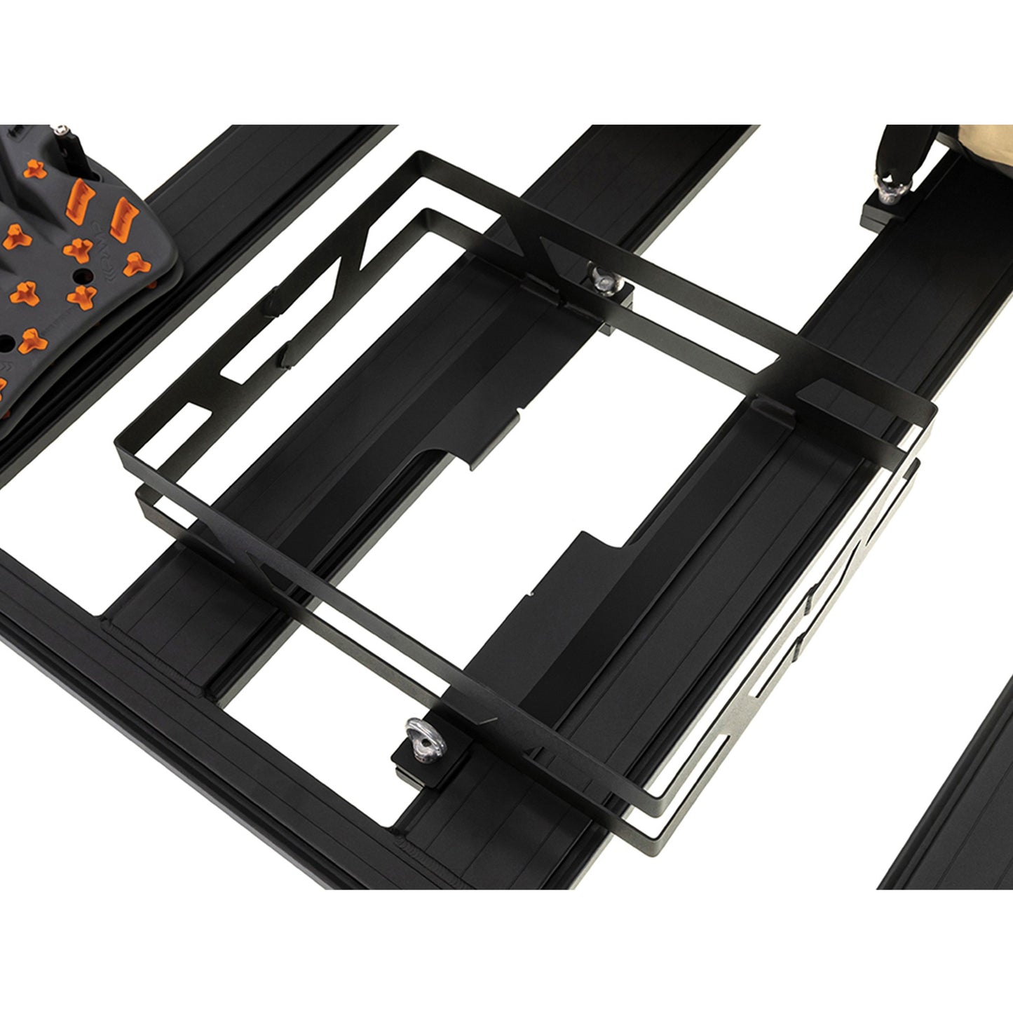 A black and orange off-road tray with a pair of wheels on it, compatible with BASE Rack and featuring an ARB Jerry Can Holder Double Horizontal 1780350.