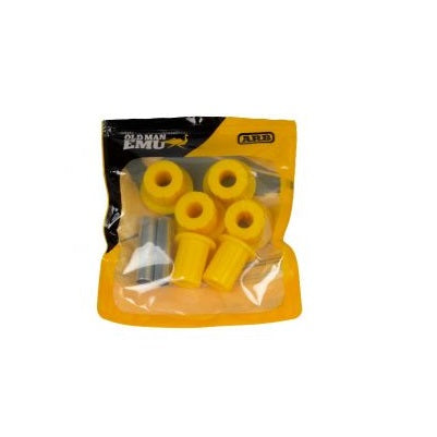Four yellow OME Leaf Spring Bushing Kits OMESB121 for Toyota Tacoma V6 & 4 cylinder (1998 - 2004) from Old Man Emu in a package.