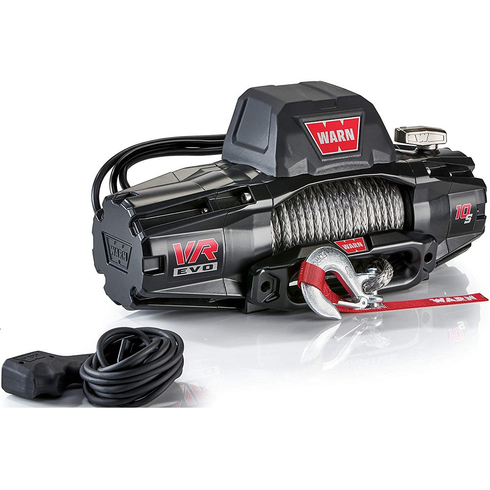 A Warn VR-EVO10S Winch equipped with a synthetic rope.