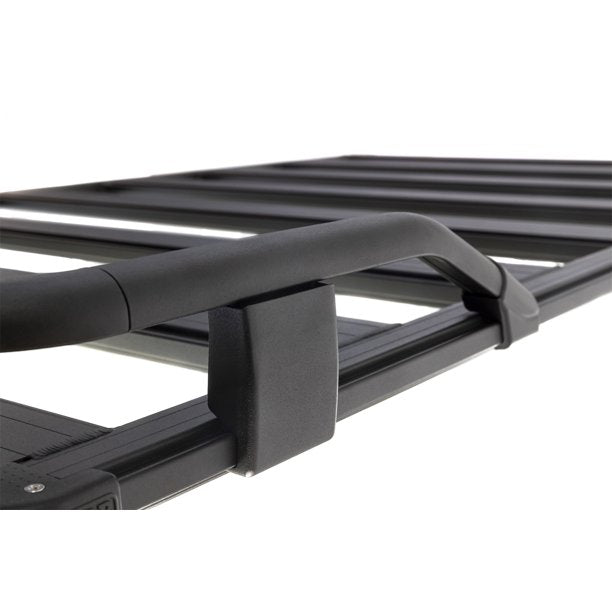 A white background showcasing a sleek black roof rack equipped with ARB Base Rack Guard Rail ARB 1780020.