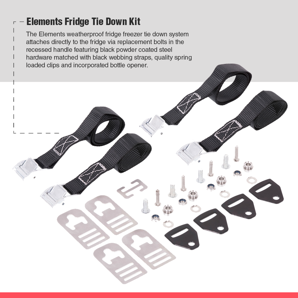 The ARB Portable Fridge Freezer Tie Down Kit Use w/Elements 63QT 10900038, featuring a tie down system, is shown.