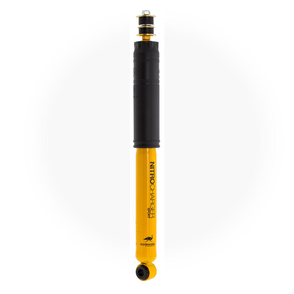 A high-quality yellow and black Old Man Emu Rear Nitrocharger Sport 60080 shock absorber featuring compression valving on a white background.