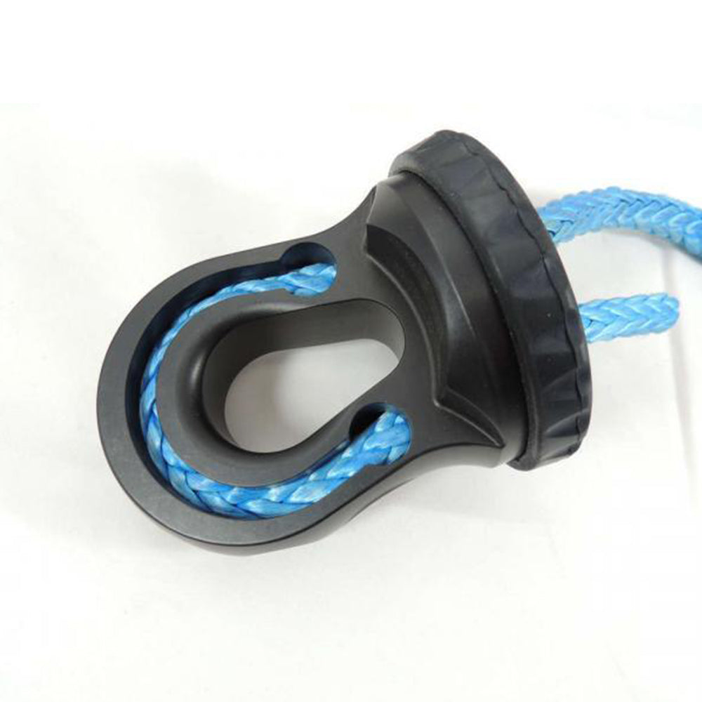A Factor 55 Splicer Shackle Mount Thimble in Gray 00352-06, featuring a black and blue color combination and equipped with a hook.