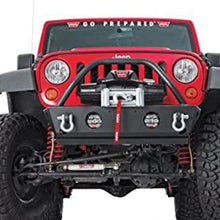 Load image into Gallery viewer, A red jeep with a front bumper equipped with a Factor 55 Warn 89611 ZEON 10-S Winch with Synthetic Rope - 10000 lb. Capacity.