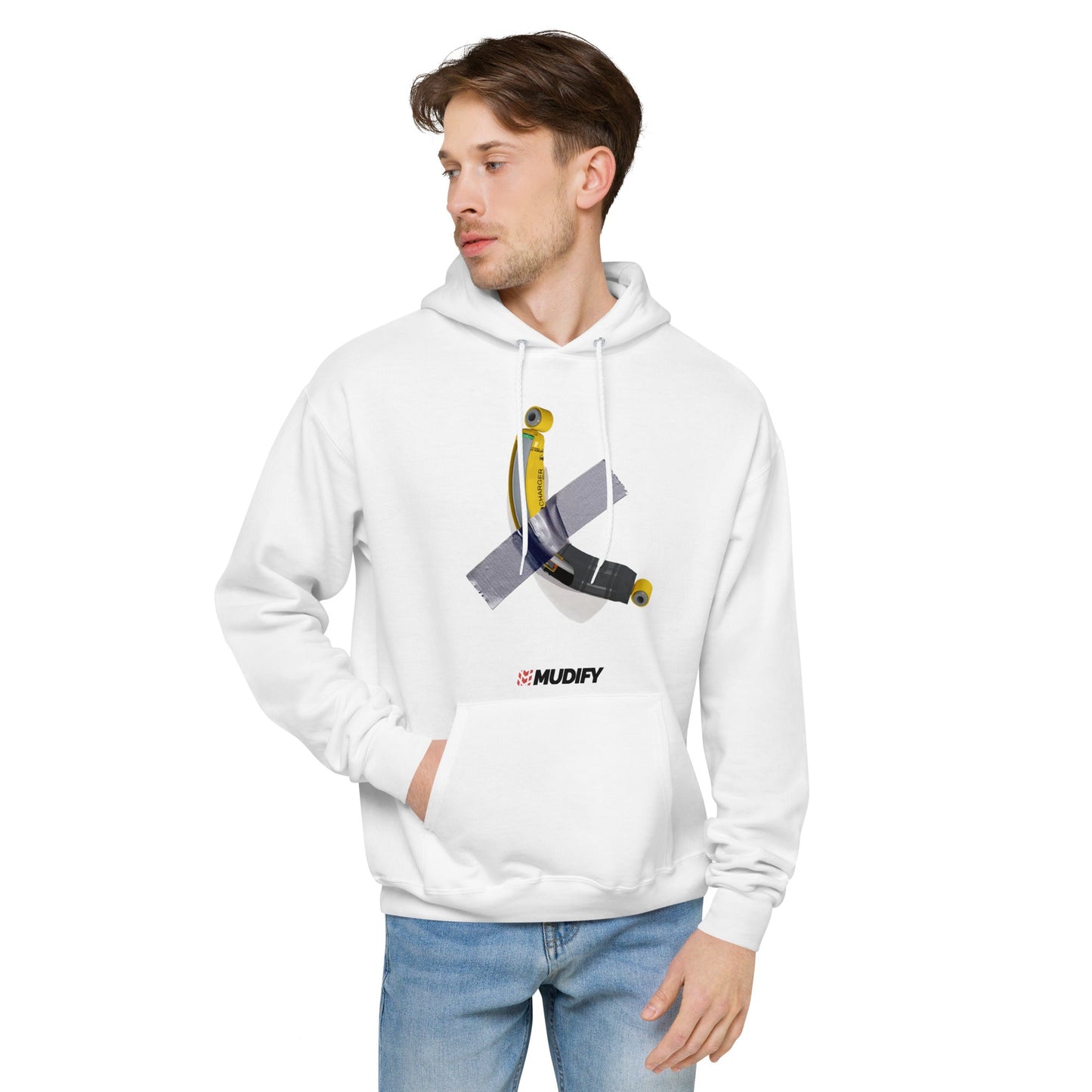 A stylish man wearing a white Art Basel Nitrocharger Hoodie by Mudify, cozy and adorned with an image of a hockey stick.