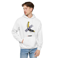 Load image into Gallery viewer, A stylish man wearing a white Art Basel Nitrocharger Hoodie by Mudify, cozy and adorned with an image of a hockey stick.