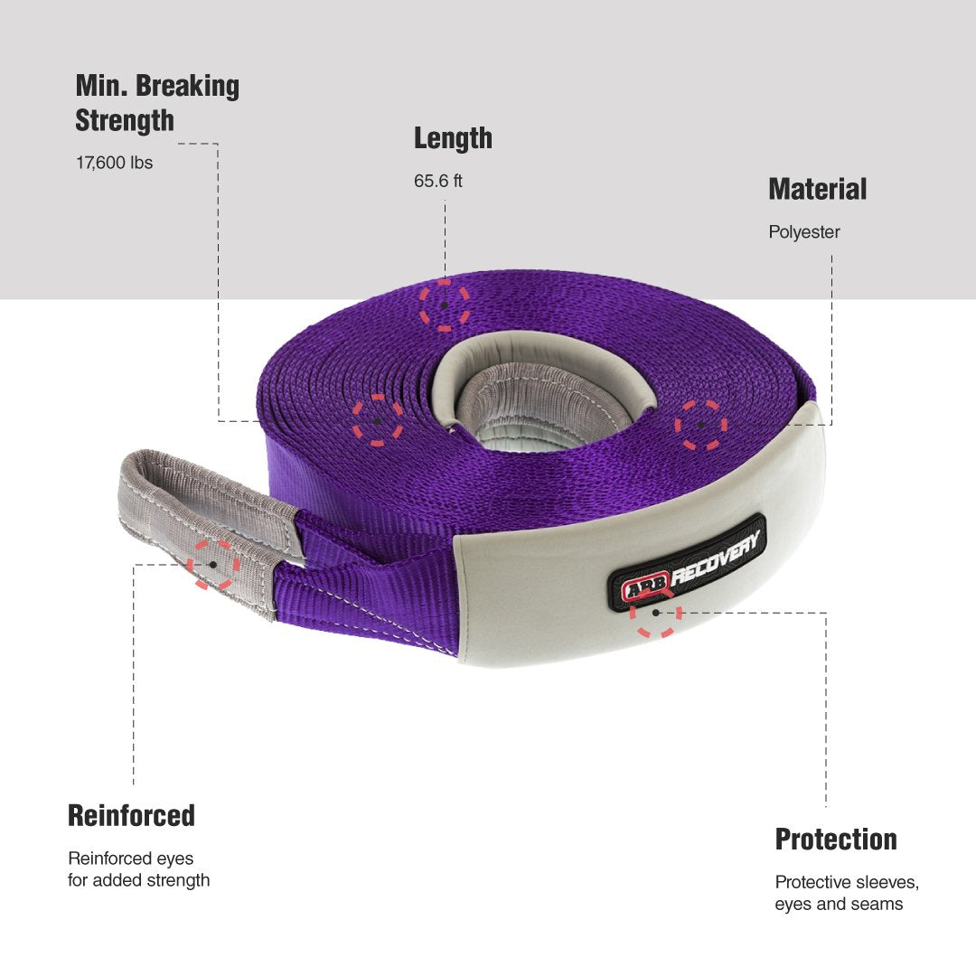 An ARB purple recovery winch extension strap with a description of its features.