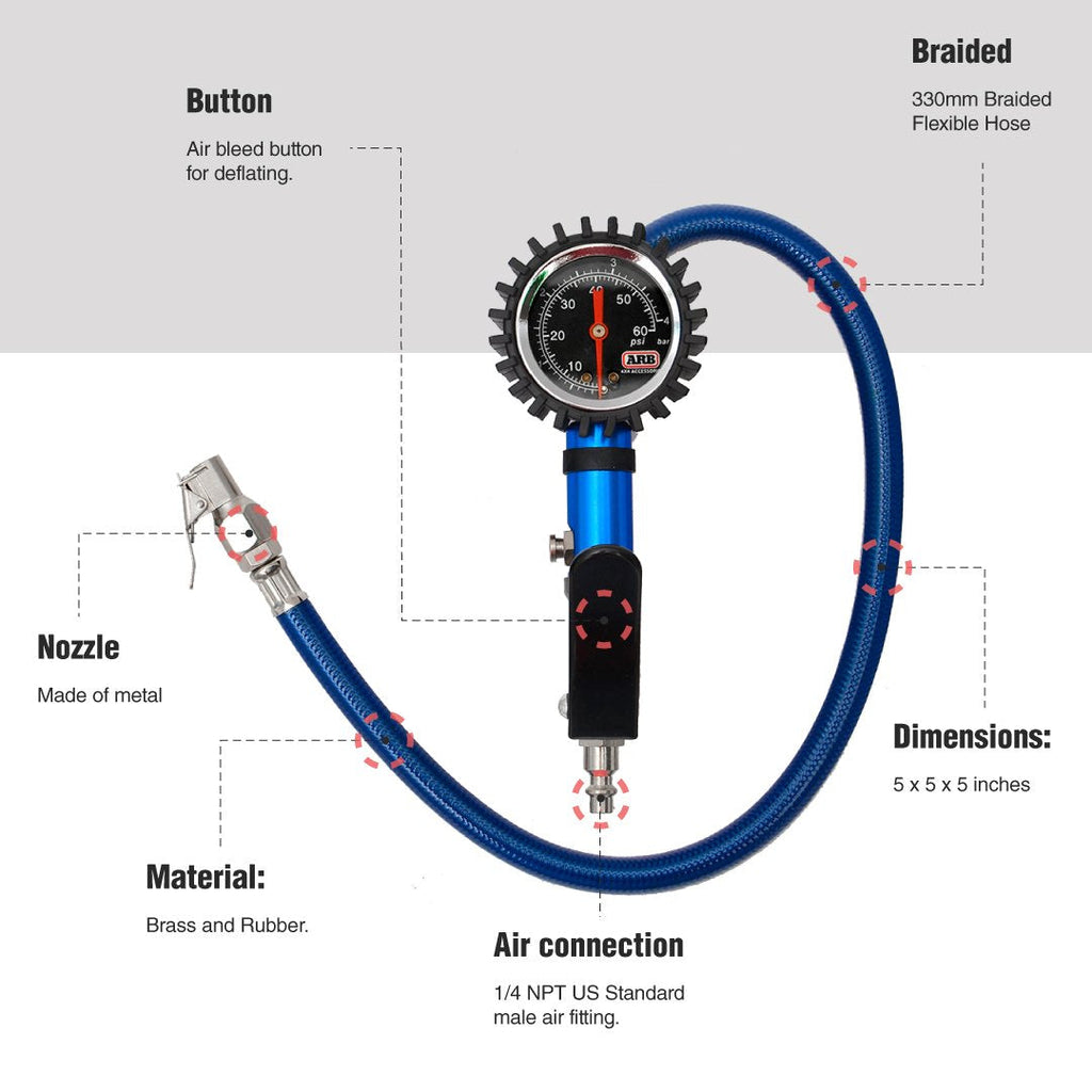 ARB Tire Pressure Monitor Inflator and Deflator with Analog Gauge and Braided Flexible Hose Blue ARB605A