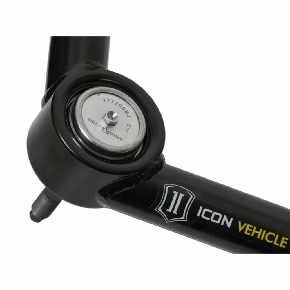 A black handlebar with the ICON Vehicle Dynamics Delta Joint Tubular Upper Control Arm Kit for Toyota Tacoma 2005-ON logo on it, designed specifically for 2005-ON Toyota Tacoma trucks with upper control arms.