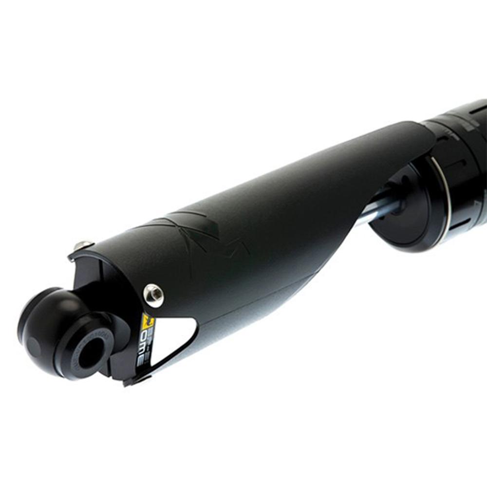 A black Old Man Emu handlebar with a shaft guard on a white background.