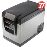 An ARB Classic Series II 37 Quarts Portable Fridge Freezer Electric Powered 12V/110V 10801352 with the number 37 on it, featuring a black and silver color and a transmitting module.