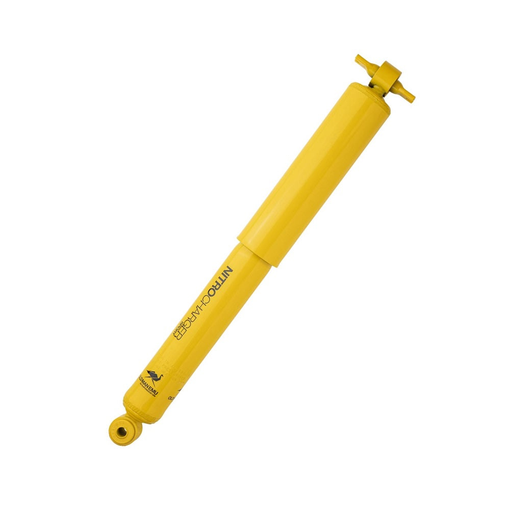 A yellow Old Man Emu Rear Nitrocharger Sport Shock 60049 (w/ Firmer Valving) for Jeep Wrangler TJ 97-06, Wrangler LJ 03-06 on a white background.