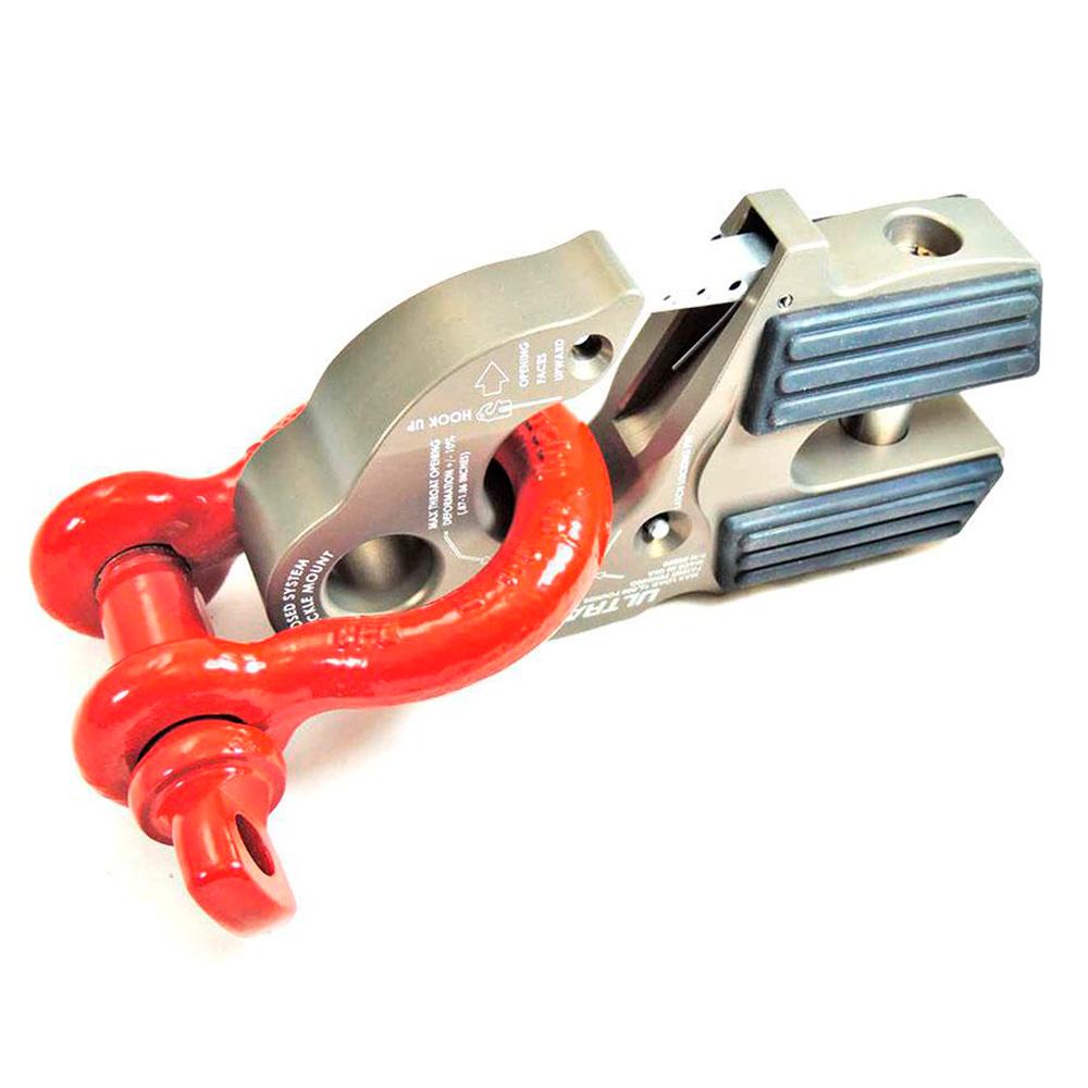 A red and black Factor 55 UltraHook Winch Shackle Aluminum 00250-06 featuring a lightweight design, made from 7000 series Military Grade Aluminum, set against a white background.