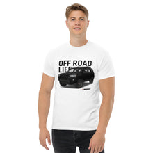 Load image into Gallery viewer, A man wearing a trendy white 4Runner Life Classic Tee by Mudify with a structured look that says off road light.