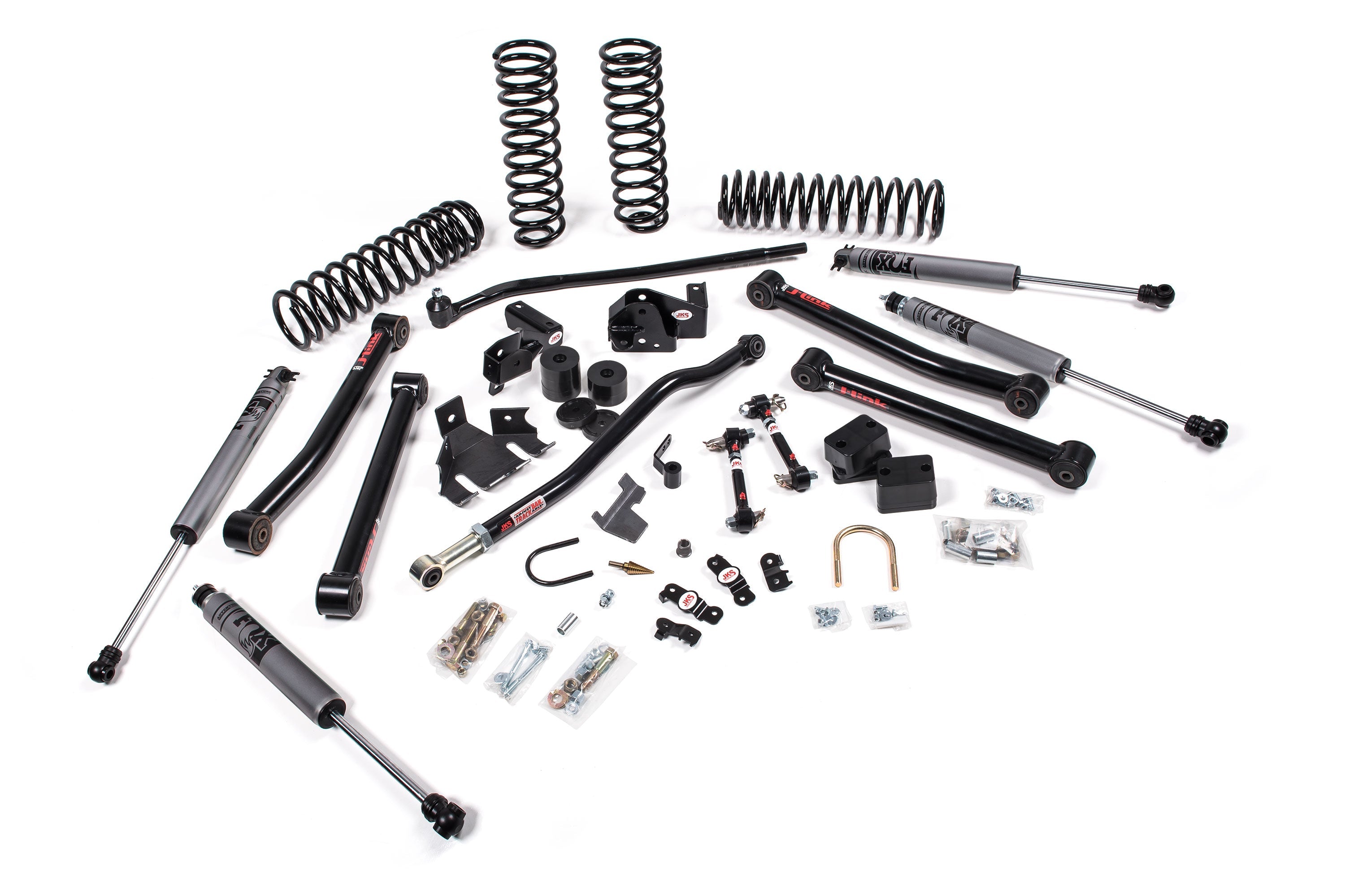 A JKS 3.5 Inch Jeep Wrangler JK (06-18) 2 Door J-Konnect Lift Kit for a jeep with enhanced offroad articulation and steering angles.