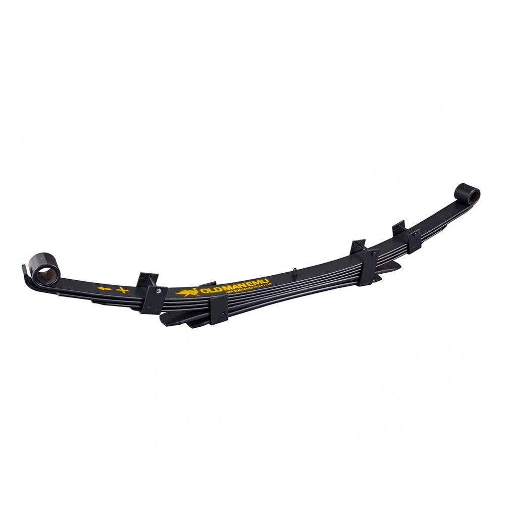 A black and yellow Old Man Emu suspension bar for a car designed to improve ride comfort and enhance load distribution, ensuring longevity.