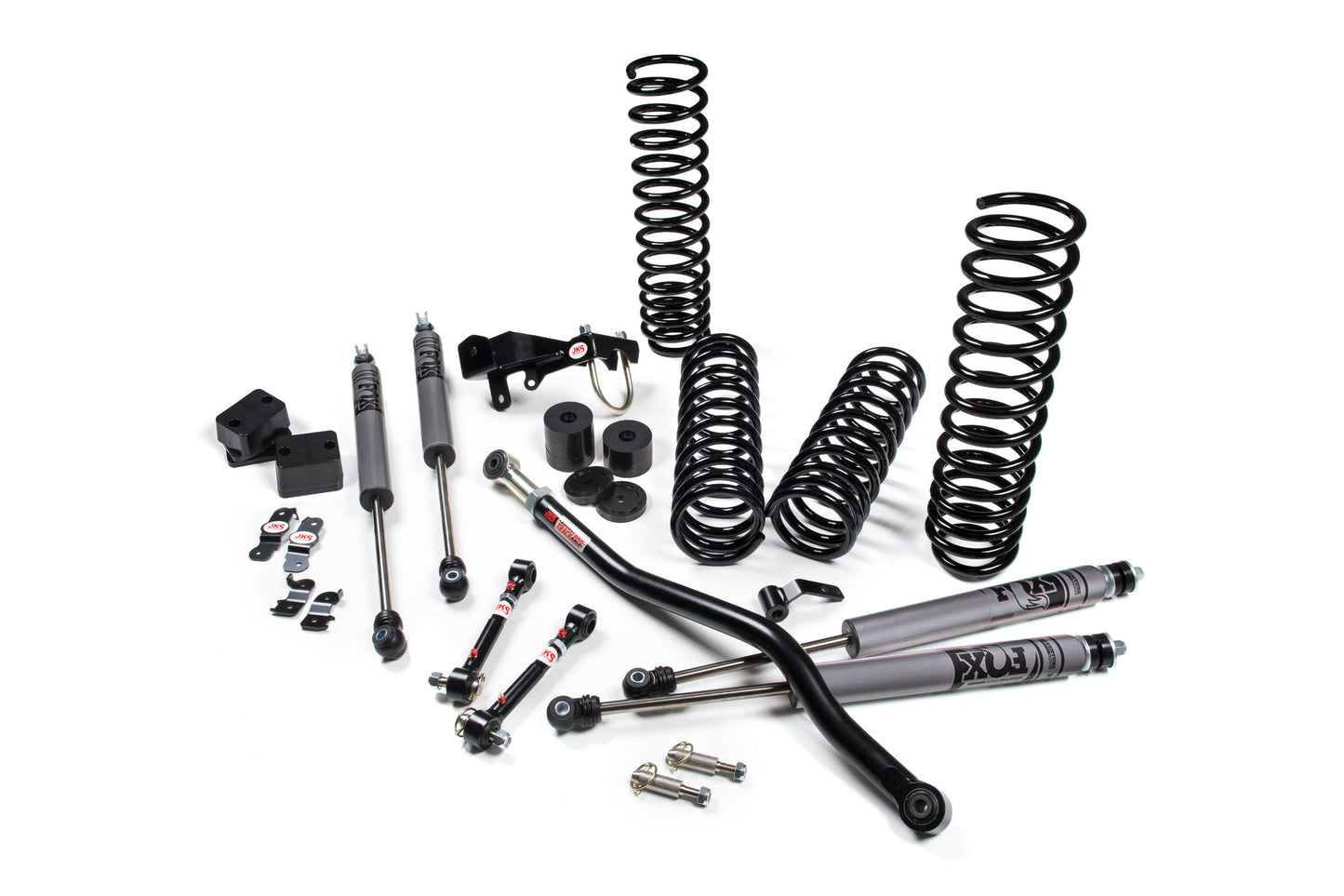 A JKS suspension system for a Jeep Wrangler JK (06-18) 4 Door, designed for offroad articulation and enhanced with springs.