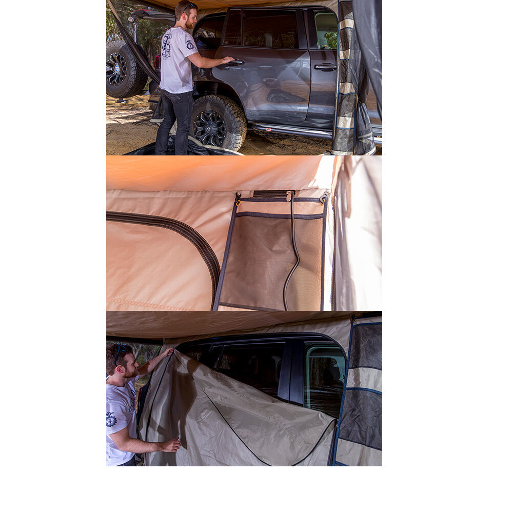 A man is opening the door of a car with the ARB Deluxe Awning Room with Floor 813208A from ARB.